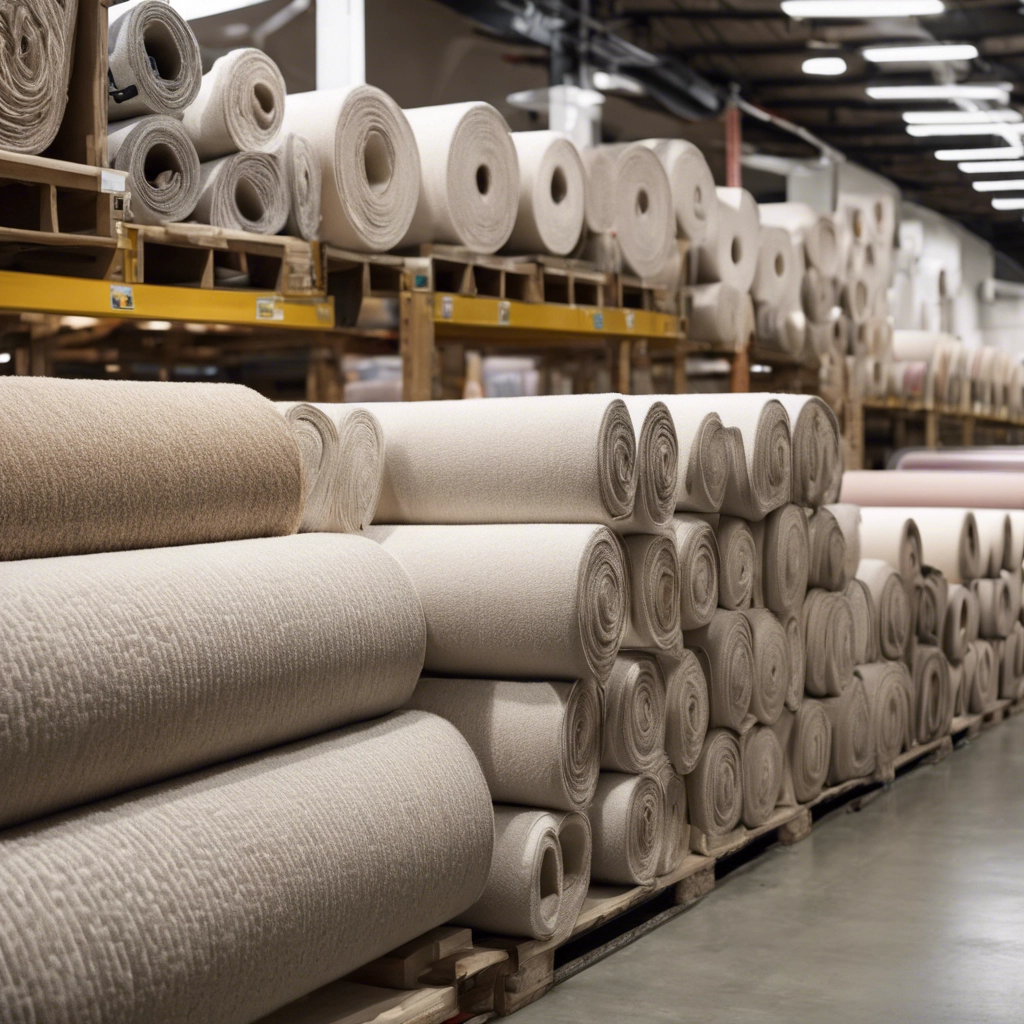 Rolls of carpet remnants in a flooring warehouse