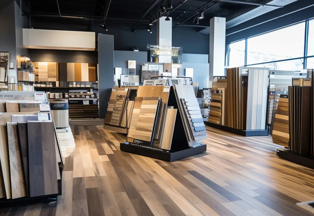 An image of a flooring store showroom with flooring displays and a walnut floor