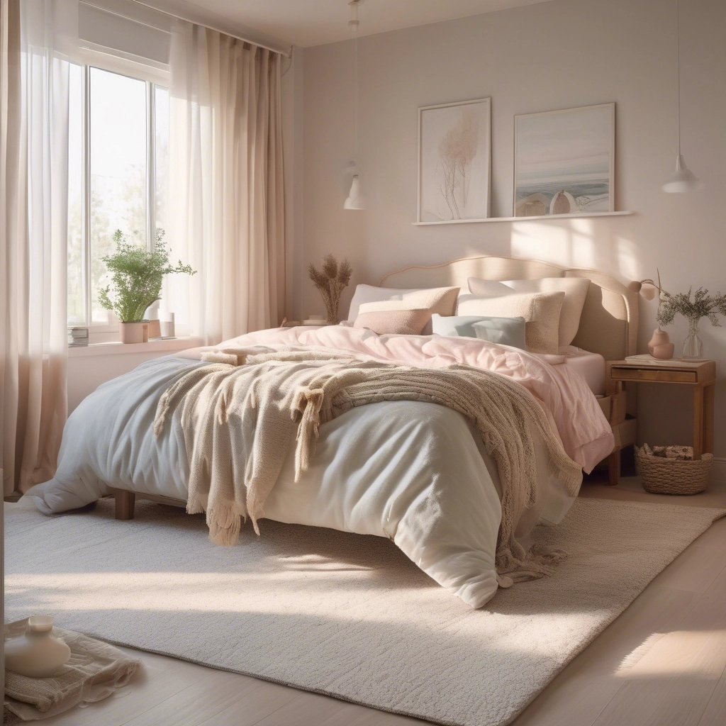 An image of a carpeted bedroom with a big, cozy bed.