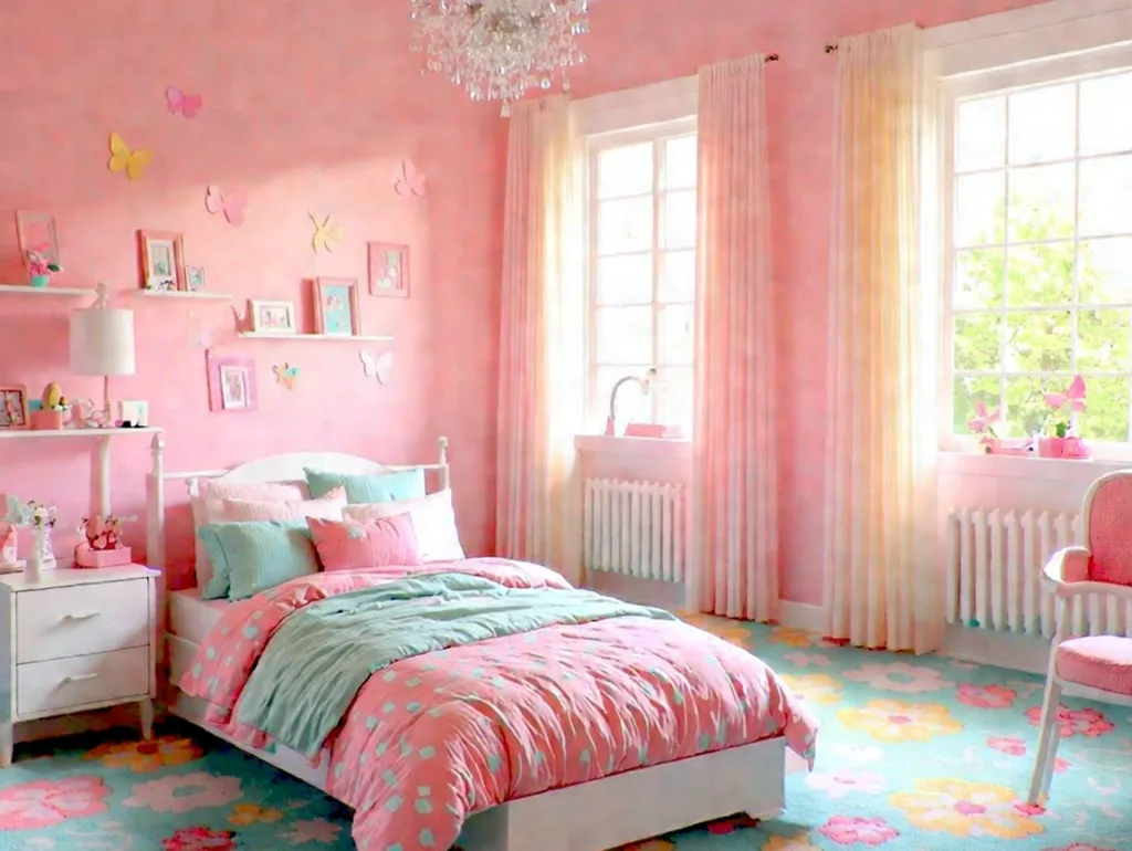 Patterned Carpet - A young girls bedroom with patterned carpet