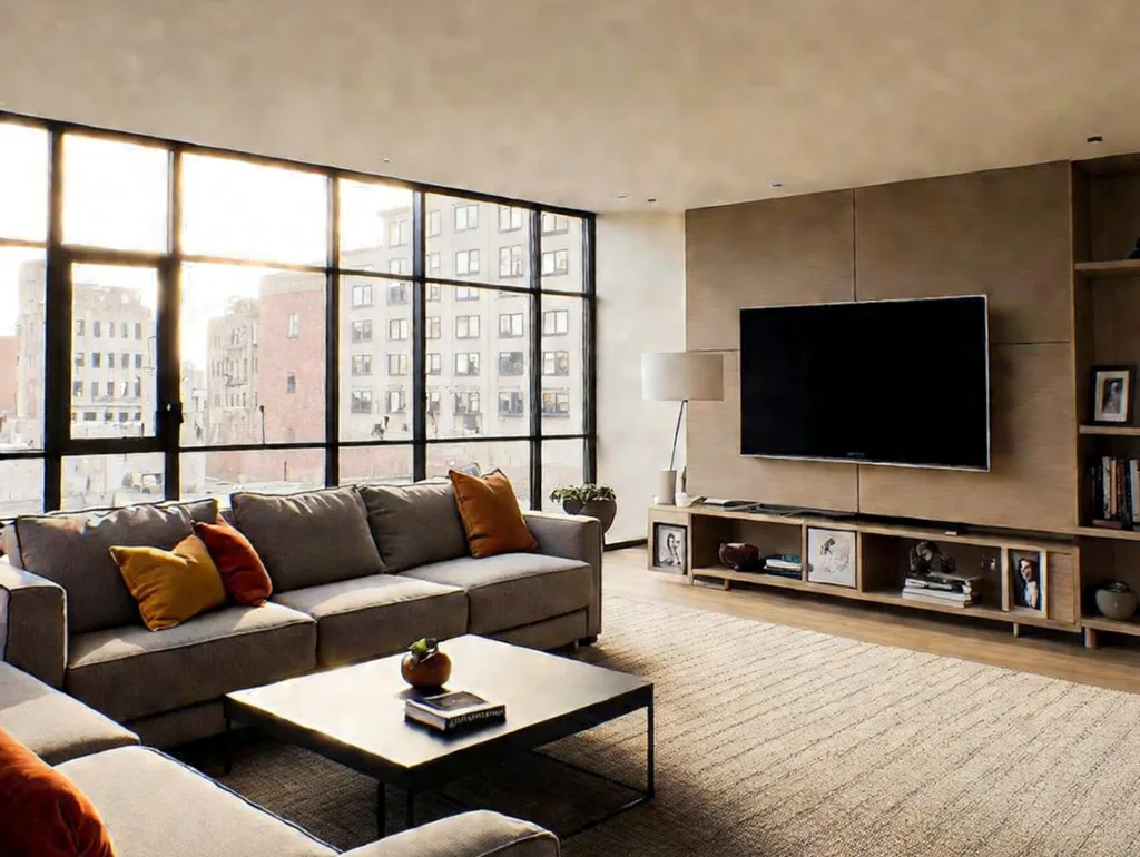 Patterned Carpet - a large, modern, family den with lightly patterned carpet