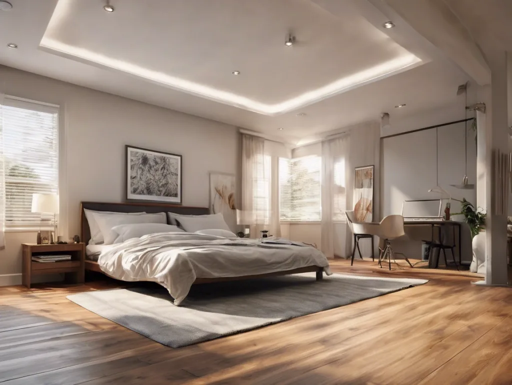 Hardwood Flooring - hardwood flooring in a modern, bright bedroom